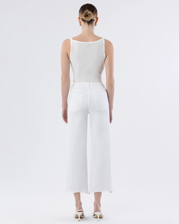 Optic White Uneven Raw Hem Crop Wide Jean