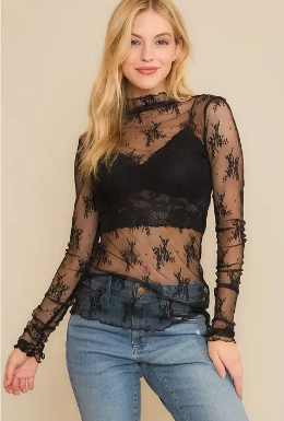 Black Lace High Neck Long Sleeve Top