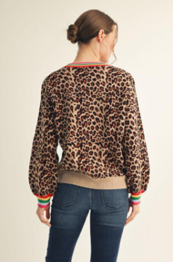 Leopard Sweater with Multi-Color Stripe Detail