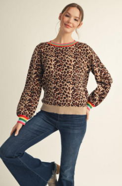 Leopard Sweater with Multi-Color Stripe Detail