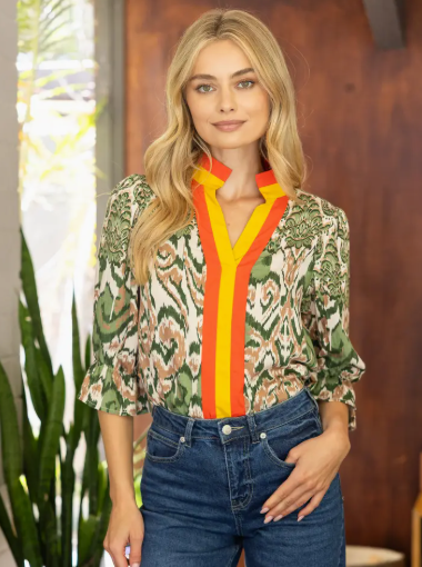 Olive Abstract Striped Neck Top
