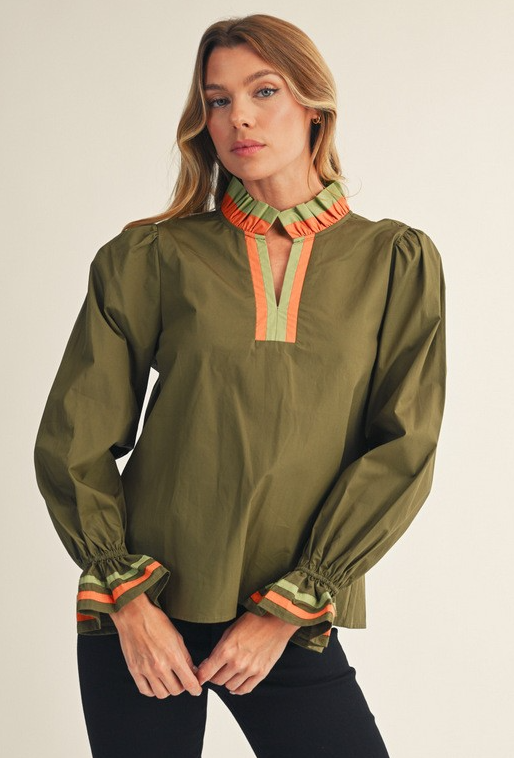 Olive Top with Stripe Detail