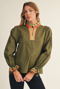 Olive Top with Stripe Detail