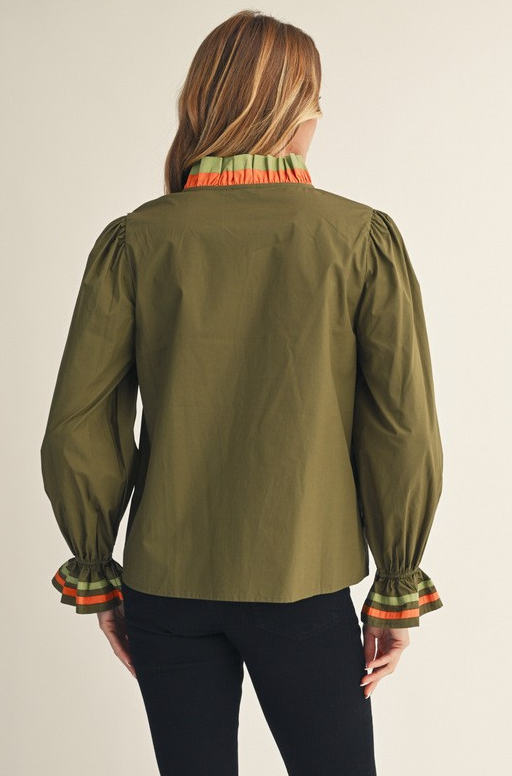 Olive Top with Stripe Detail