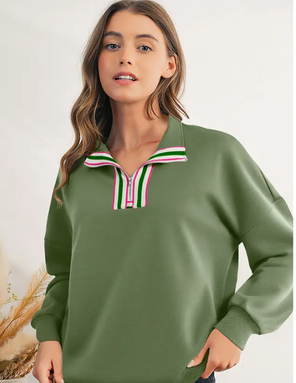 Green Zip Front Pullover with Pink Detail