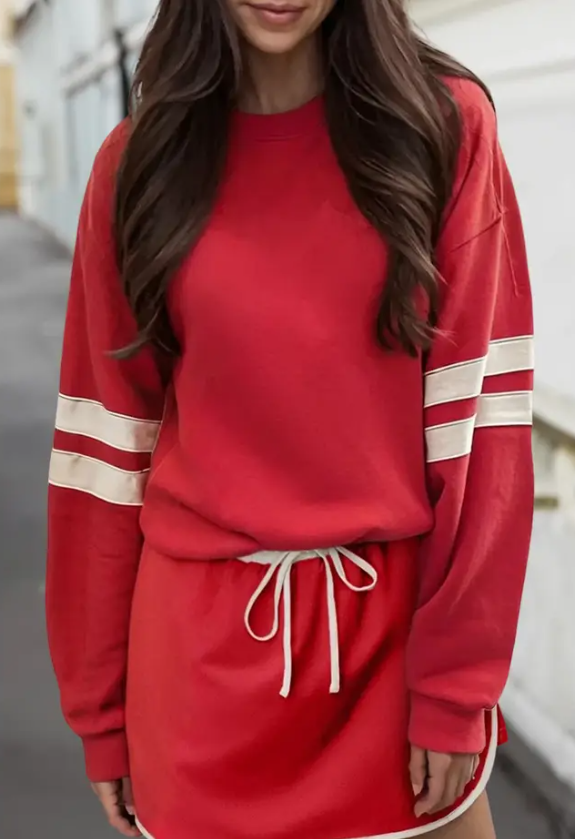 Red Long Sleeve Top & Skort Set with Cream Detail