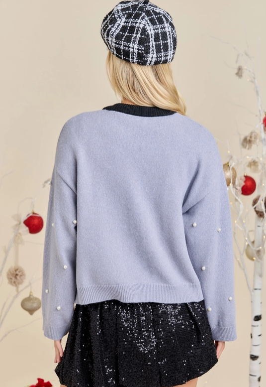 Grey Neck Tie Cardigan With Pearl Detail