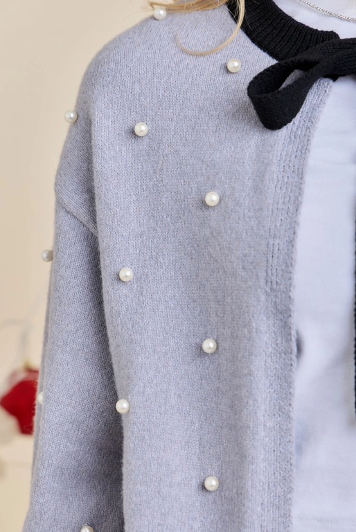 Grey Neck Tie Cardigan With Pearl Detail