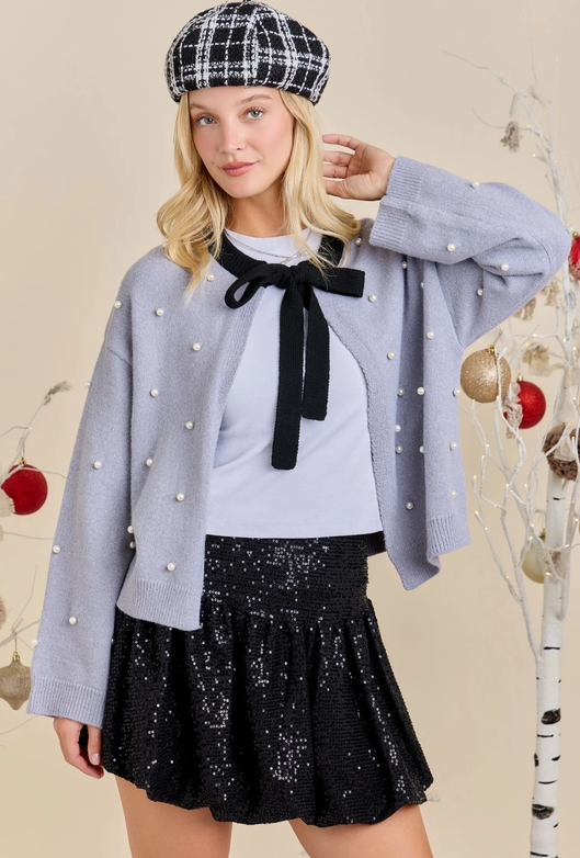 Grey Neck Tie Cardigan With Pearl Detail