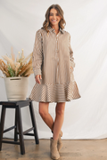 Brown & White Stripe Dress With Ruffle Hem