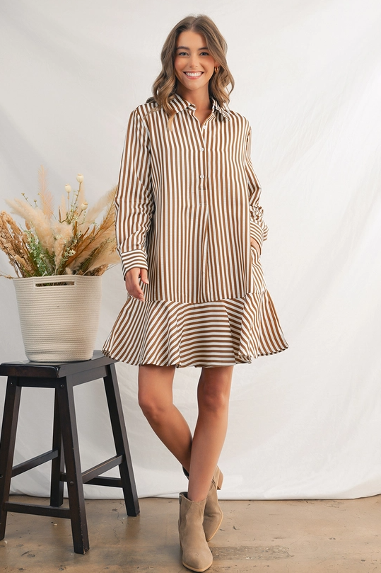 Brown & White Stripe Dress With Ruffle Hem