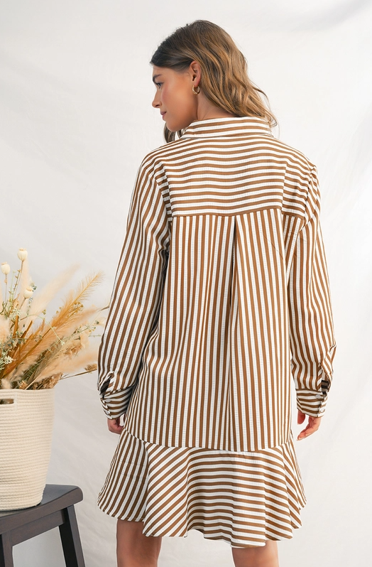 Brown & White Stripe Dress With Ruffle Hem