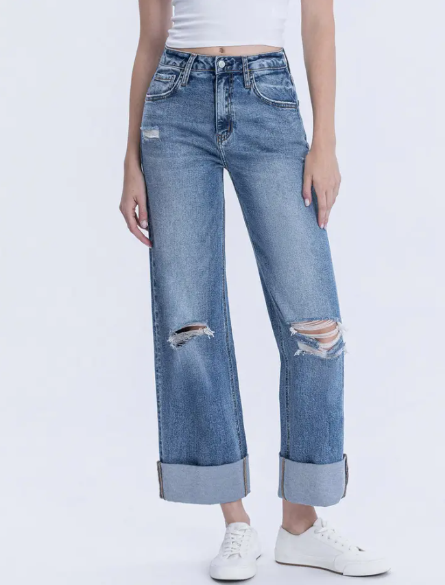 Super High Rise Double Cuff Baggy Wide Jean