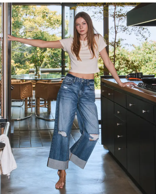 Super High Rise Double Cuff Baggy Wide Jean