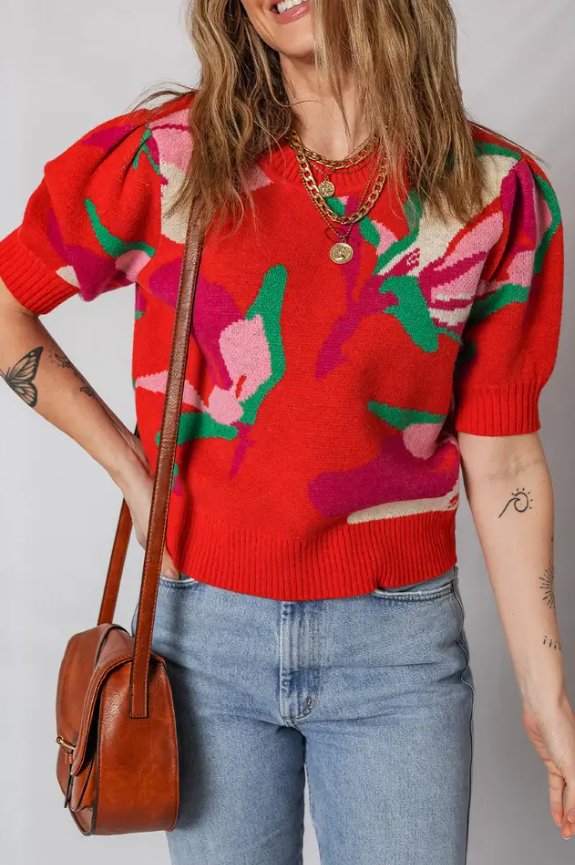 Red Floral Puff Sleeve Sweater