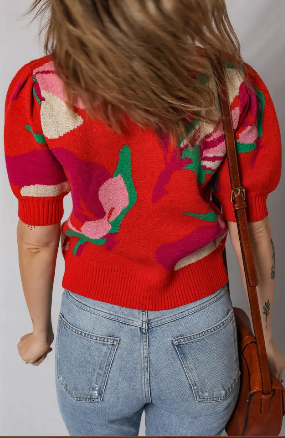 Red Floral Puff Sleeve Sweater
