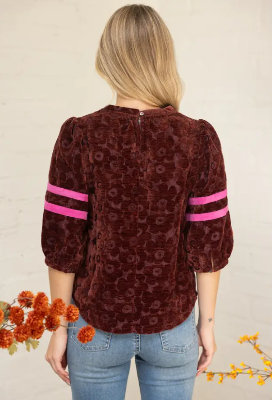 Floral Velvet Top With Puff Sleeve Stripe Detail