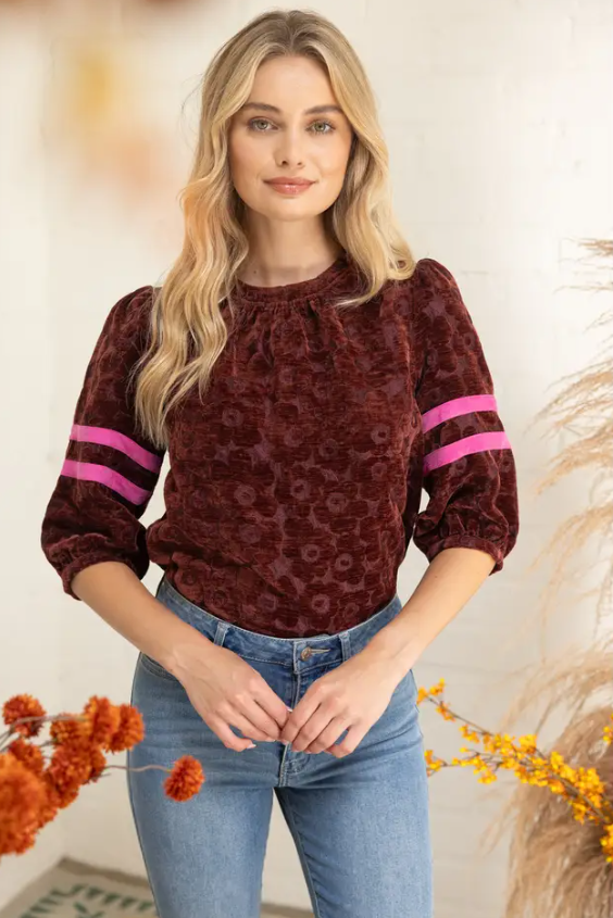 Floral Velvet Top With Puff Sleeve Stripe Detail