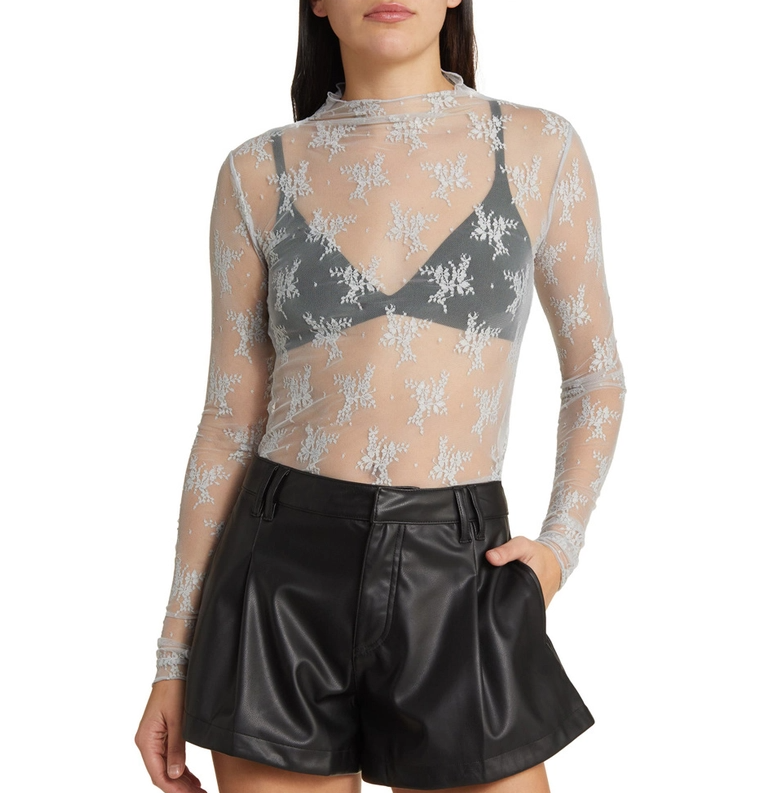 Grey Semi Sheer Floral Lace Top
