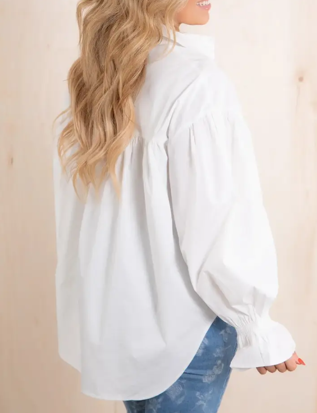 White Button Up Ruffle Blouse With Flower Button Detail
