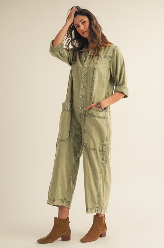 Olive Vintage Wash Relaxed Jumpsuit
