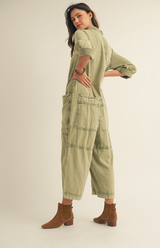 Olive Vintage Wash Relaxed Jumpsuit