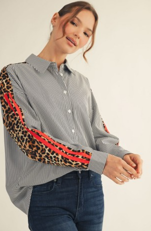 Black & White Stripe Top With Leopard Detail