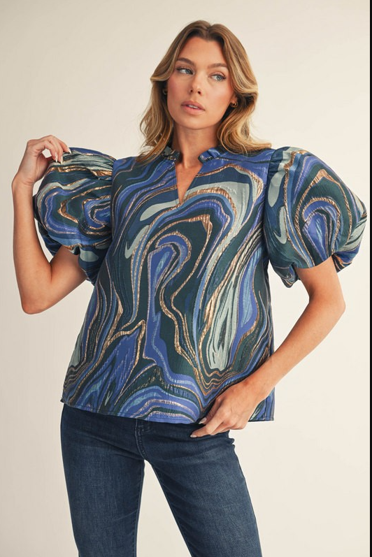 Royal Blue Multi Color Abstract Jacquard Top