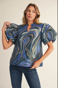 Royal Blue Multi Color Abstract Jacquard Top