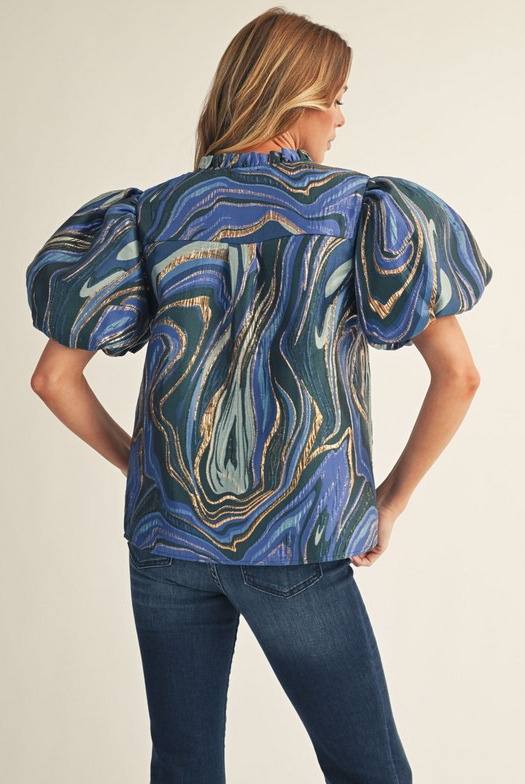 Royal Blue Multi Color Abstract Jacquard Top