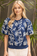 Navy Floral Embroidered Bubble Sleeve Top
