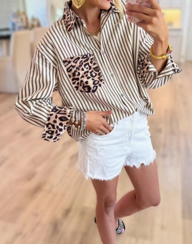 Leopard & Khaki Stripe Button Down