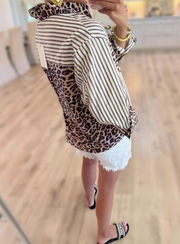 Leopard & Khaki Stripe Button Down