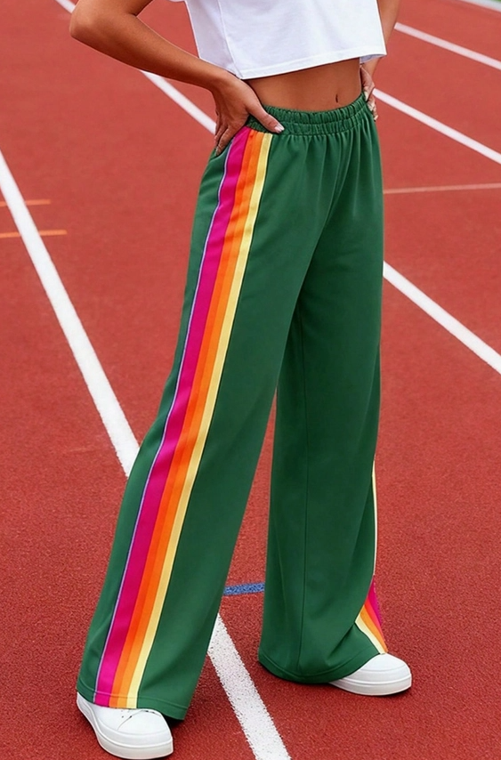 Green Track Pants with Rainbow Stripe