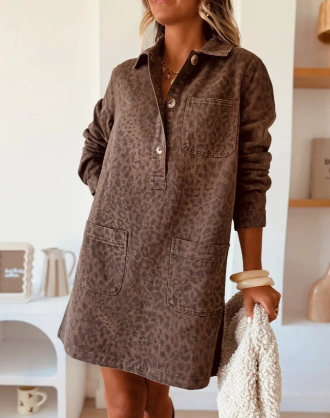 Brown Leopard Print Denim Dress