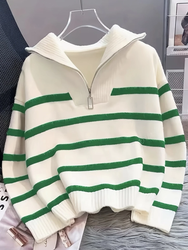 Green Zip Collar Striped Sweatshirt