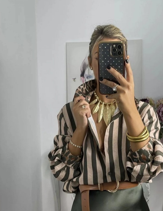 Coffee Striped Shirt with Leopard Collar Detail