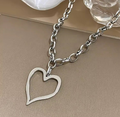 Silver Hollow Big Heart Pendant Necklace