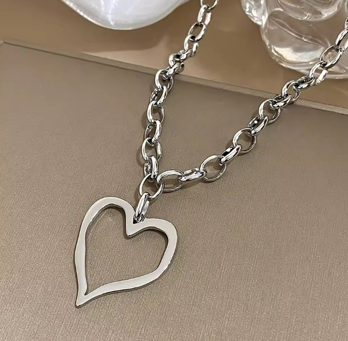 Silver Hollow Big Heart Pendant Necklace