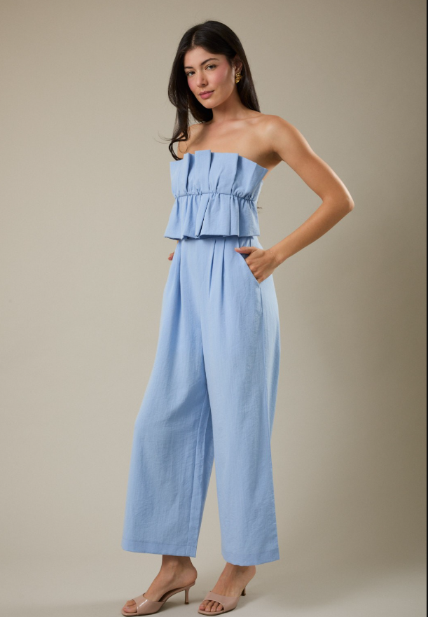 Light Blue Ruffle Bodice Jumpsuit