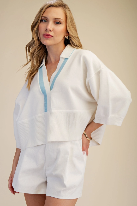 Ivory Dropped Shoulder Sweater With Blue Contrast