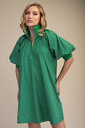Green Mock Neck Band Puff Sleeve Casual Mini Dress