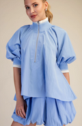 Light Blue Mock Neck Puff Sleeve Blouse