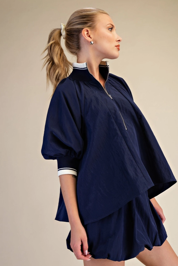 Navy Mock Neck Puff Sleeve Blouse