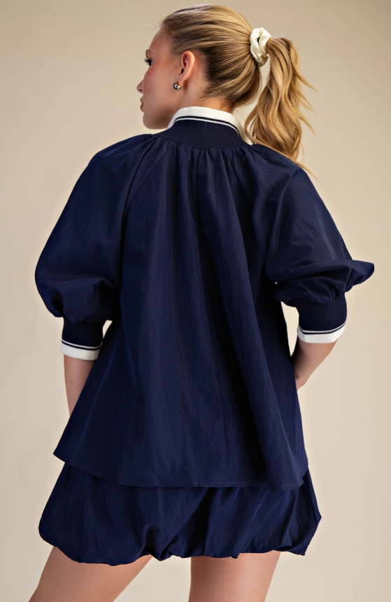 Navy Mock Neck Puff Sleeve Blouse