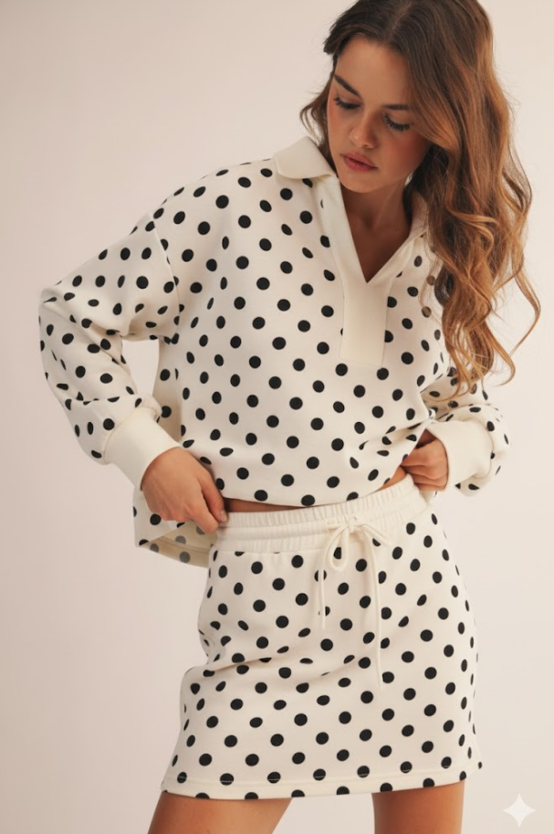 Polka Dot Collared Top And Skirt Set