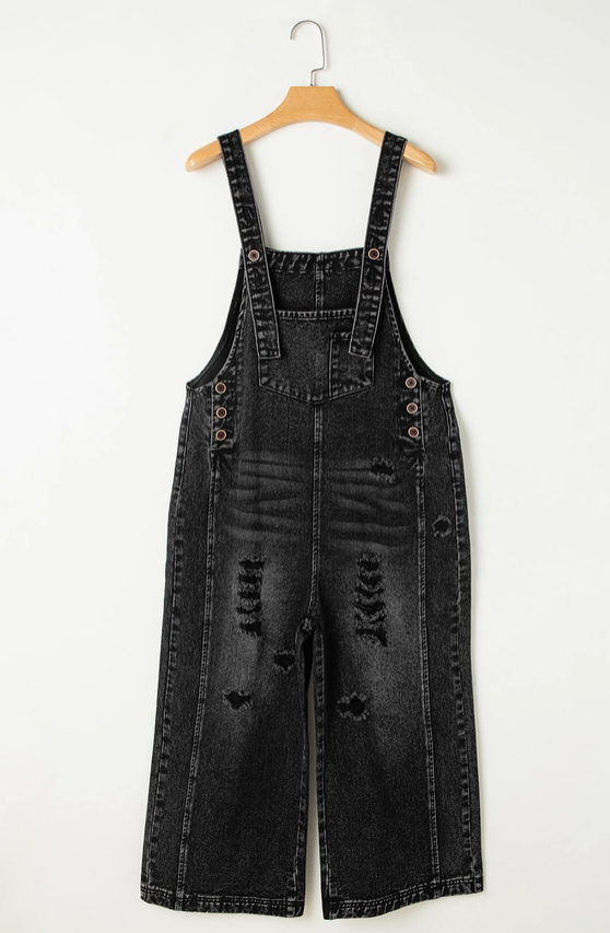 Distressed Bib Pocket Wide Leg Black Denim Jumpsuit