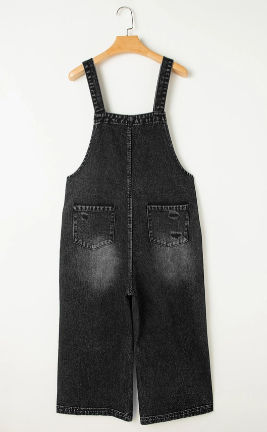 Distressed Bib Pocket Wide Leg Black Denim Jumpsuit
