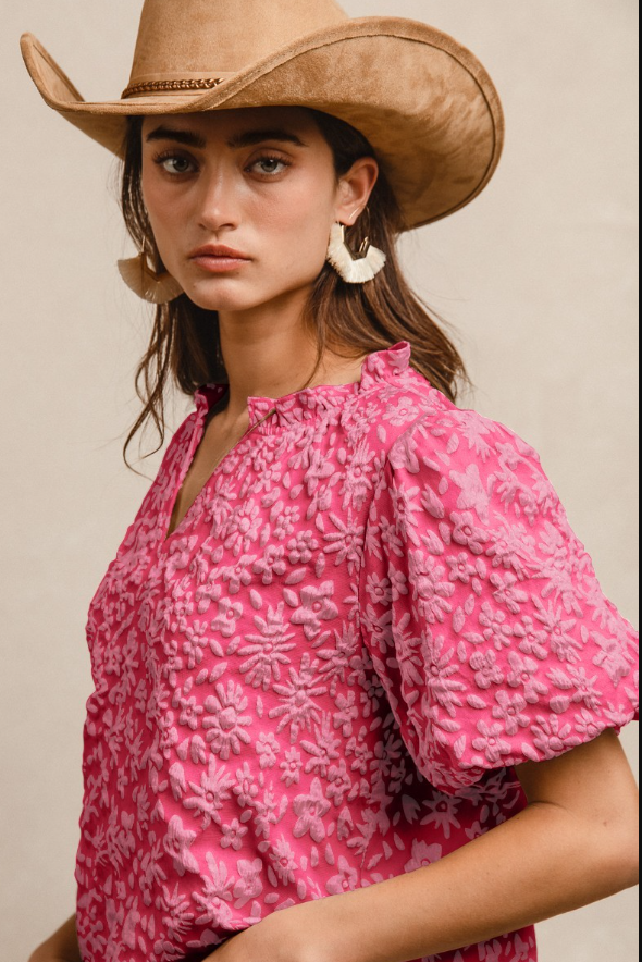 Fuchsia Floral Texture Sleeve V-neck Top