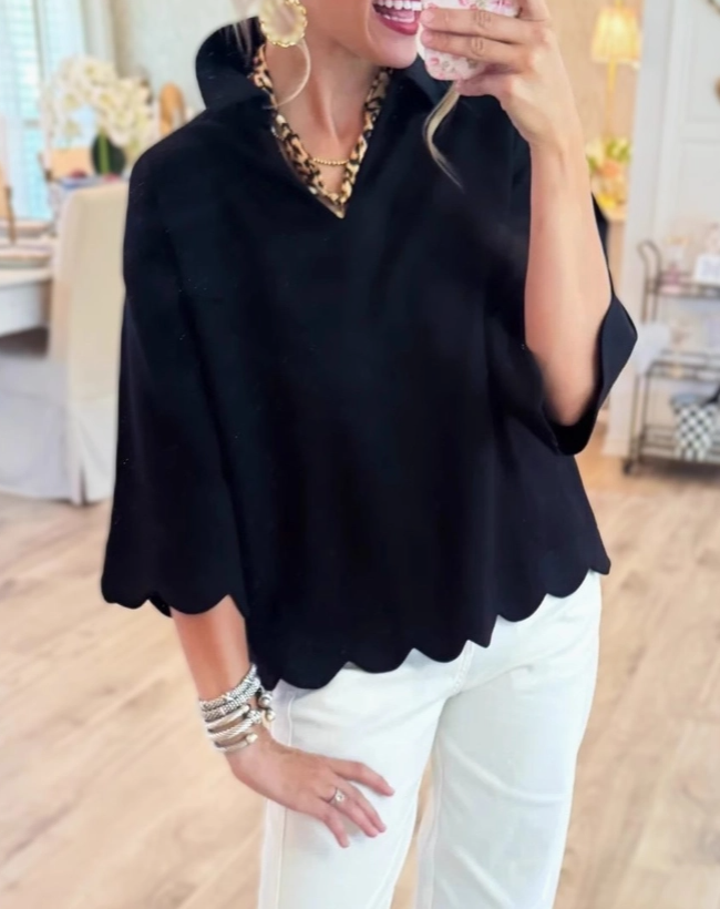 Black Scallop Hem Top